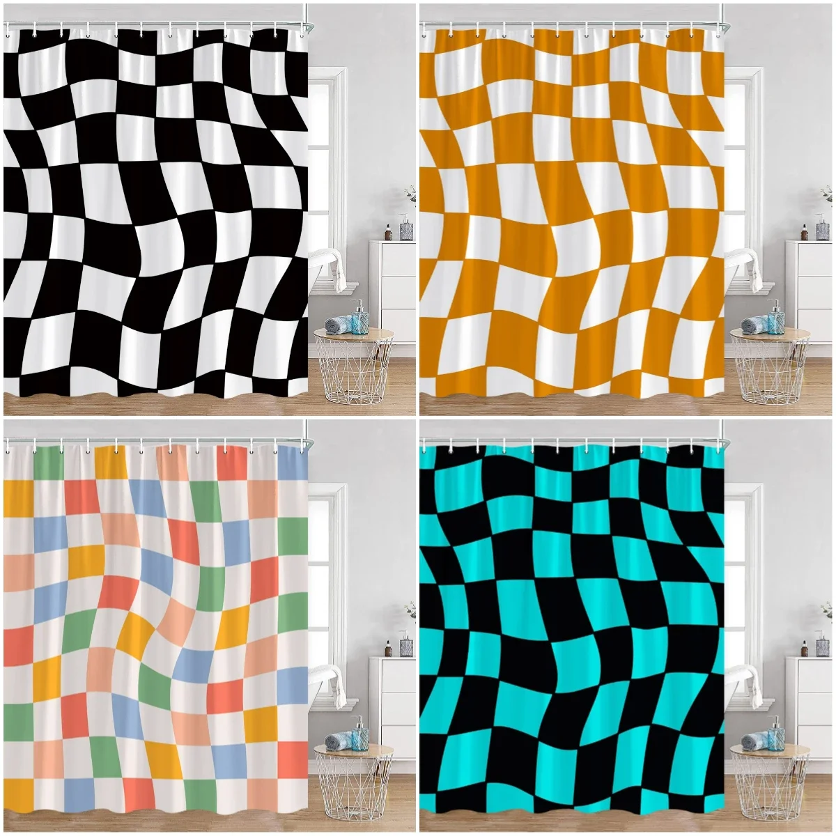 Colorful Distorted Checkerboard Shower Curtain for Modern Bathroom, Abstract Black White Geometric Pattern Waterproof Decor