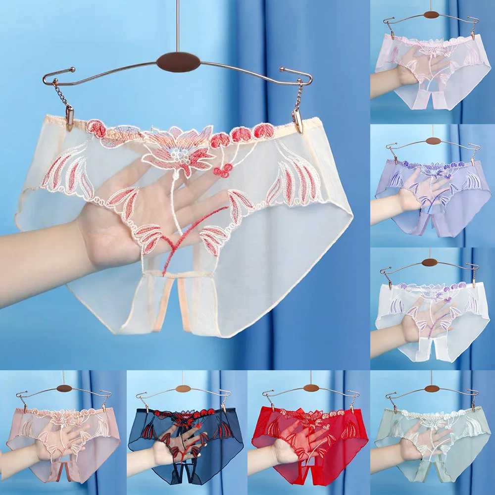

Women Sexy Briefs Underwear Floral Mesh Comfort Sheer Crotch Slit Seamless Briefs Panties Underpants