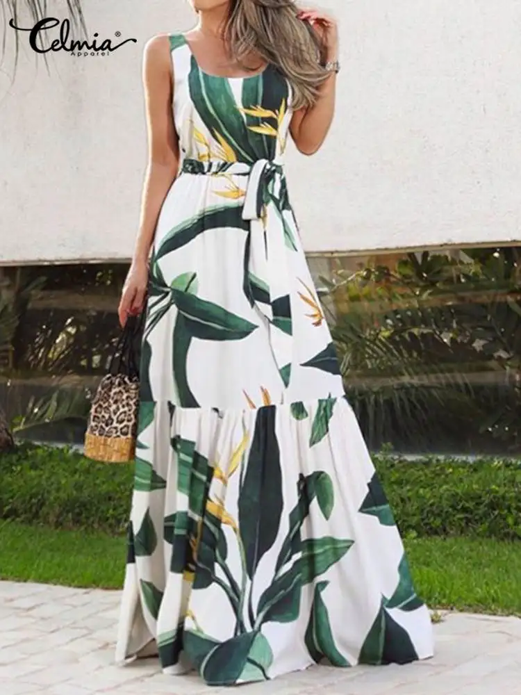 Summer Floral Dress Celmia Women 2023 Elegant Sleeveless Beach Maxi Sundress Casual Bohemian  Belted Party Thin Long Vestidos