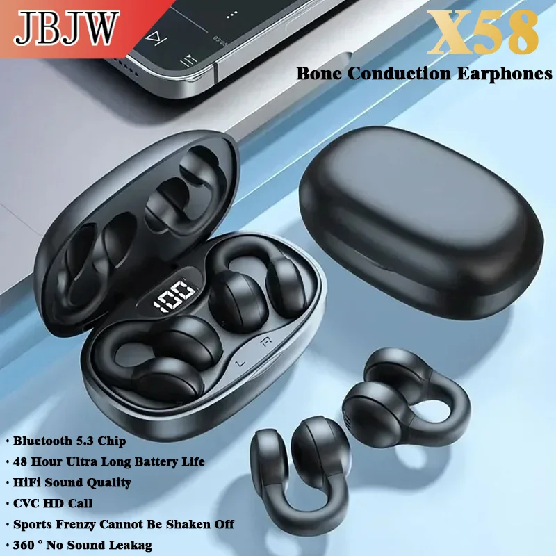 

JBJW X58 Bluetooth-наушники с костной проводимостью, светодиодный дисплей, TWS, HIFI, стерео ENC, шумоподавление, HD-вызов, 24-часовые наушники
