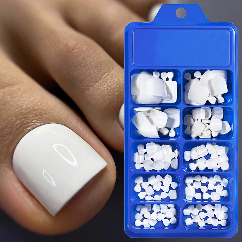 100 piezas uñas postizas blancas cortas cuadradas para pies, verano, cobertura completa, color sólido acrílico