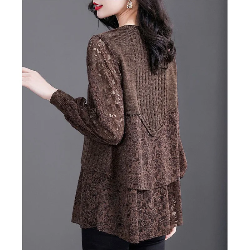 Elegant Hollow Out Lace Fake Two Pieces Blouse Women\'s Clothing 2023 Autumn New Casual Pullovers Commute Shirt