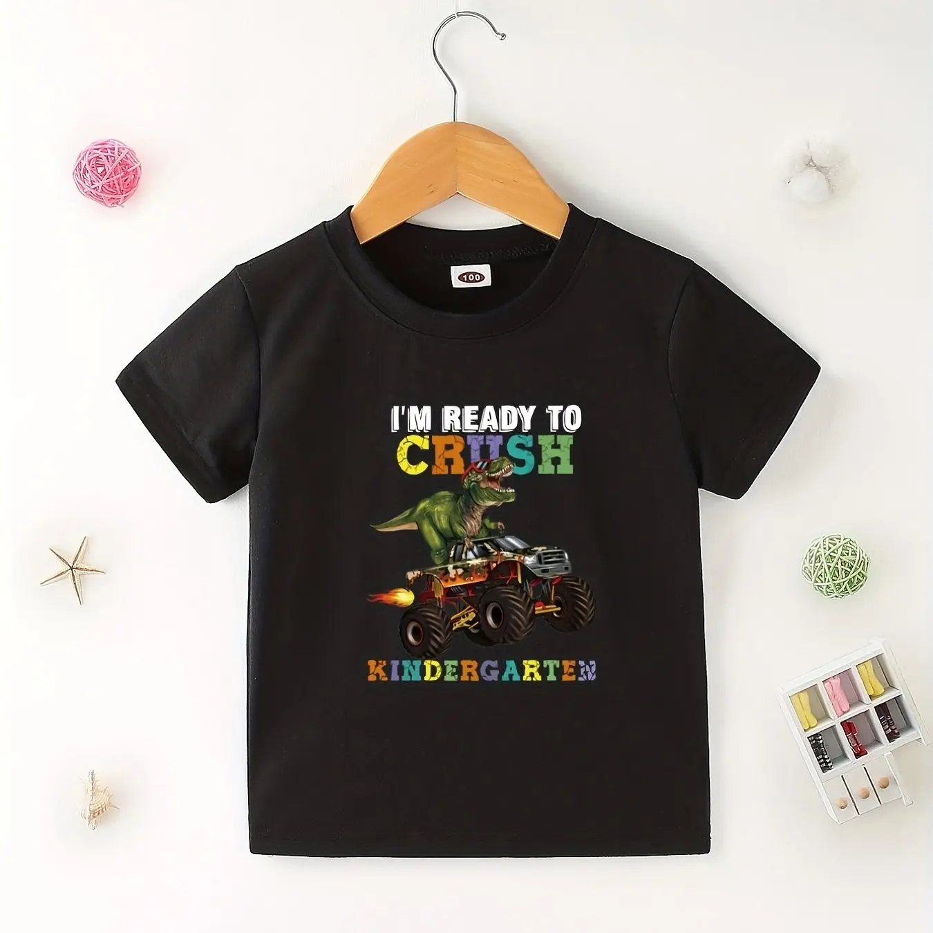 Unisex Dino ATV Adventure Tee: ‘Crush Kindergarten’ Pure Cotton T-Shirt for Kids - Perfect for All Seasons