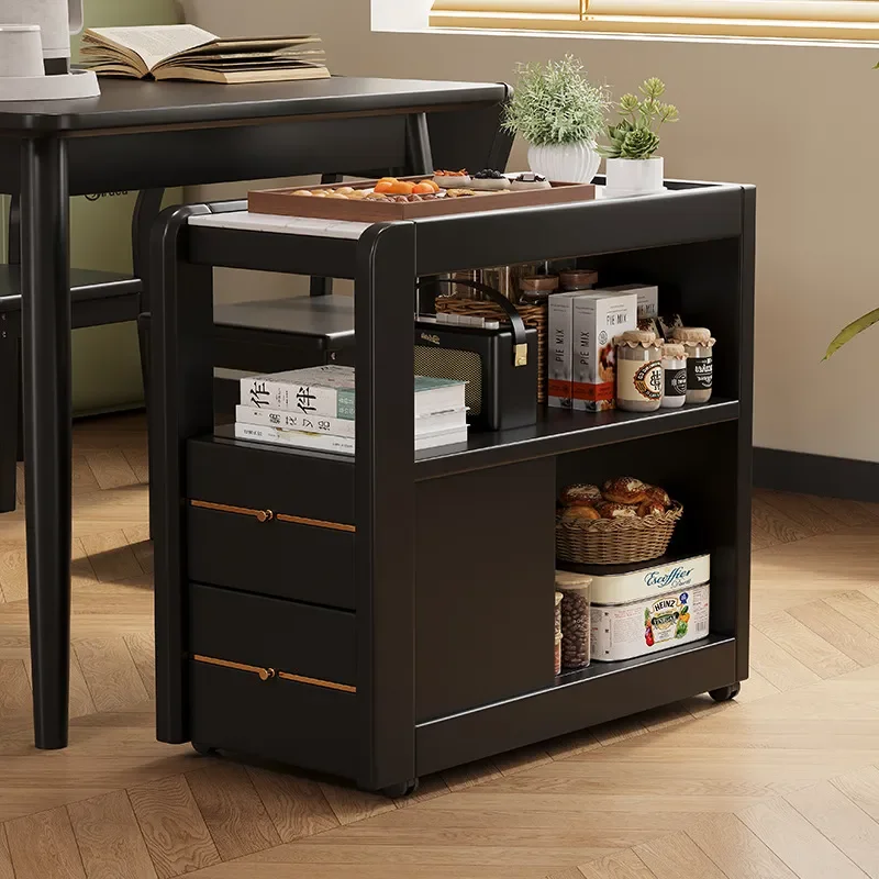 Solid Wood Chinese Style Rolling Side Table with Stone Top Lift Mechanism Multifunctional Living Room Coffee Cart