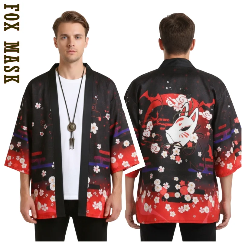 Summer Casual Japanese Floral Print Haori Kimono Fox Mask Pattern Dark Red Open Cardigan for Men Women 3/4 Sleeve Streetwear