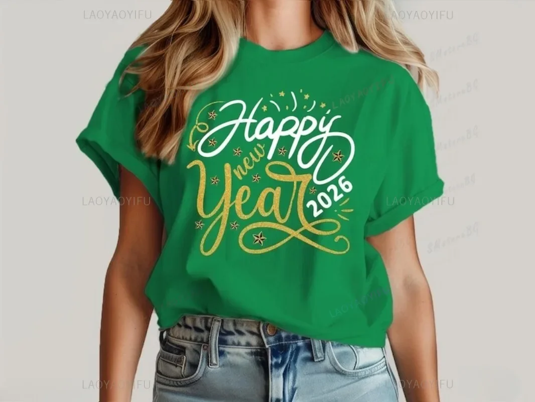 2026 New Year's Shirt Christmas T Shirt Hello 2026 Merry Christmas Pure Cotton Tee Casual Breathable Streetwear Funny Shirt