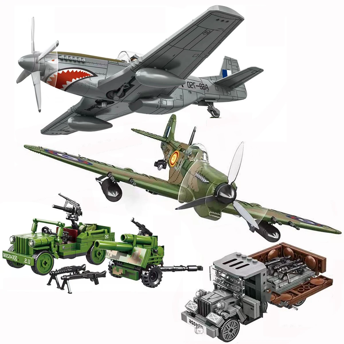 

5 Types Military scene P51 Aircraft Spitfire Fighter Model Building Blocks Airplane WW2 Army Bricks Toys for Children Boys