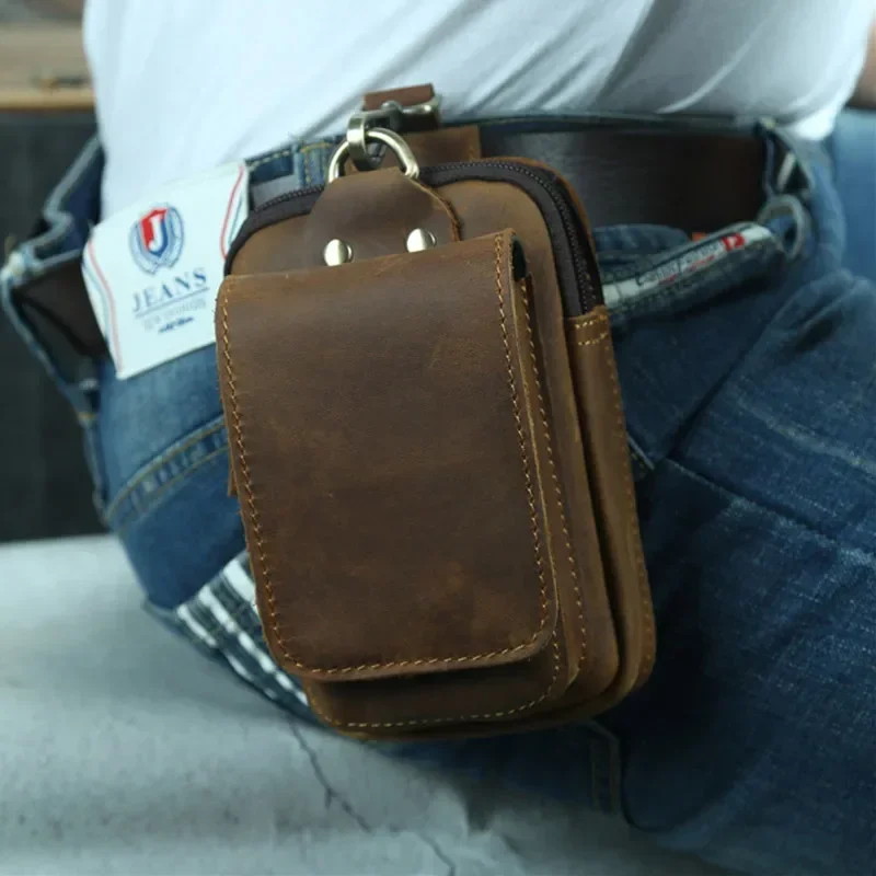 Men Genuine Leather Waist Packs Male Crazy Horse Leather Belt Bag for Cigarette Phone Pouch Case Men's Small Travel Waist Bag