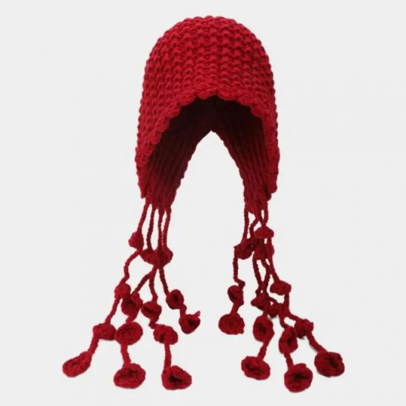 

Women's Red Handmade Knitted Winter Beanie - Tassel Ear Protection Hat, Christmas Gift, Trendy Baggy Travel Cap with Rope