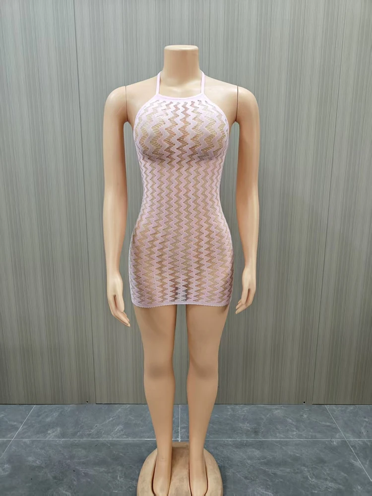 Damen Neckholder-Netzkleid, Wellenförmig Ausgeschnitten, Ärmellos, Figurbetont, Kurzes Kleid, Durchsichtiges Netzgewebe, Nachtclub-Partykleidung – Detail 10