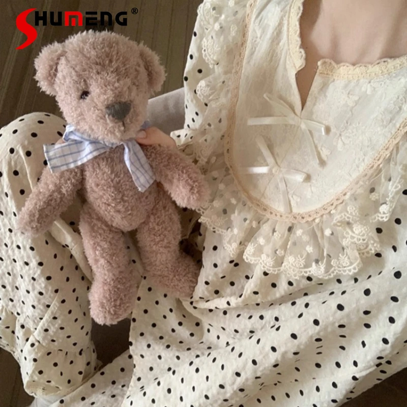

Long Sleeve Polka Dot Pajamas for Women Spring Autumn Korean Sweet Princess Sleep Wear Female Lace Homewear Two Piece Set