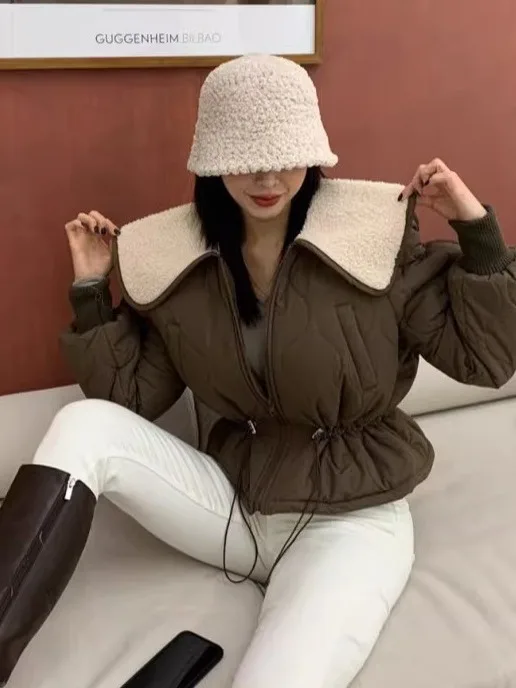 

Winter Faion ort Cotton Jaet Women's Retro Lamb Fur Collar Dstring Waist Warm Coat Sli Commute Thiened Polyester