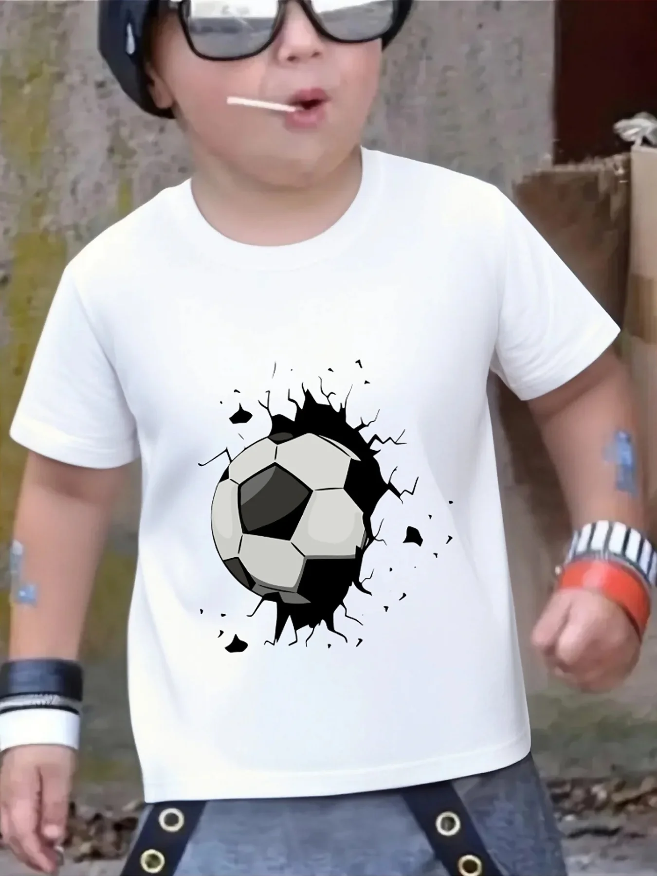 Cute Break Through Wall Soccer Print Family Matching T Shirt Boys Girls Short Sleeve Parent Child Soft Cotton Casual Tops