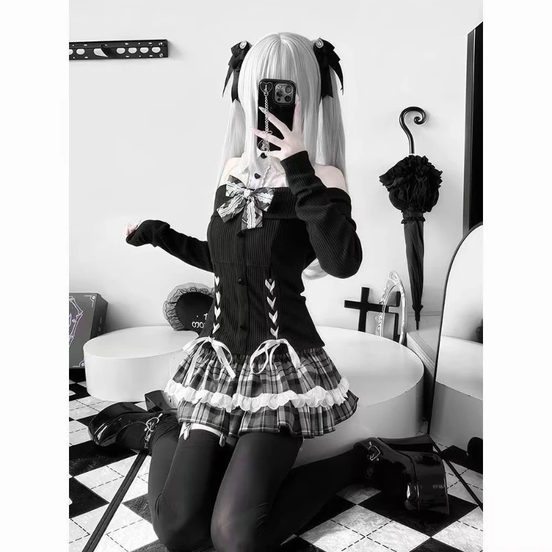 Japanese Gothic Y2k Lolita Skirt Set Women Sweet Lace Bow Bandage Knitted Off-shoulder Top Plaid Mini Skirts Kawaii Slim Outifit image 3