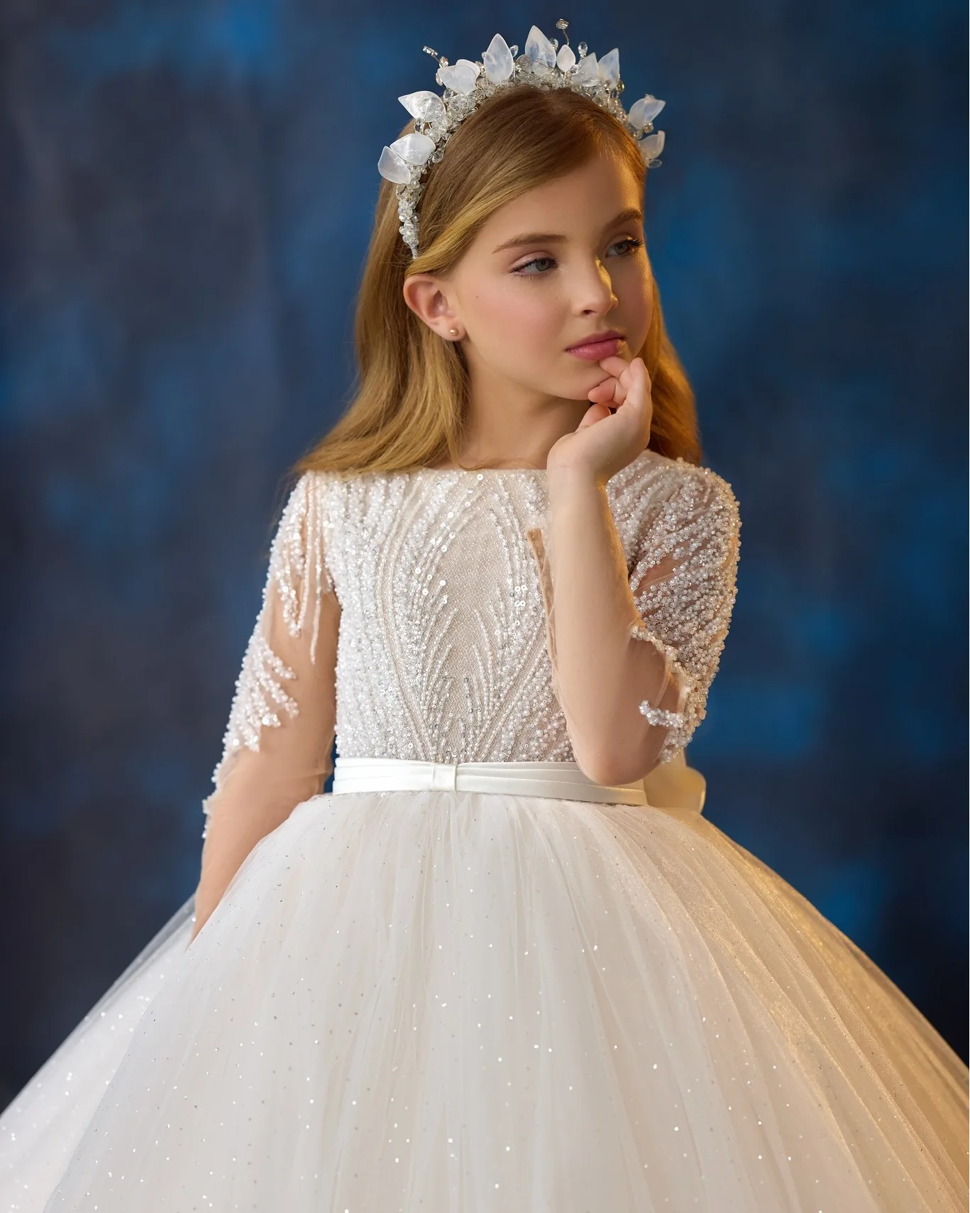 Ivory Flower Girl Dresses For Wedding Beaded Bow Customized Long Sleeve Baby First Communion Dresses