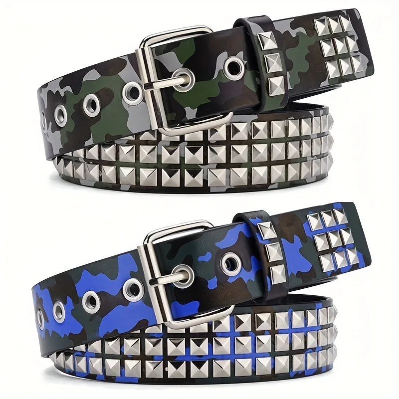 New Men's and Women's Square Beaded Rivet Belt Punk Personality Air Eye Waistband Rock Camo Student Decorative Belt