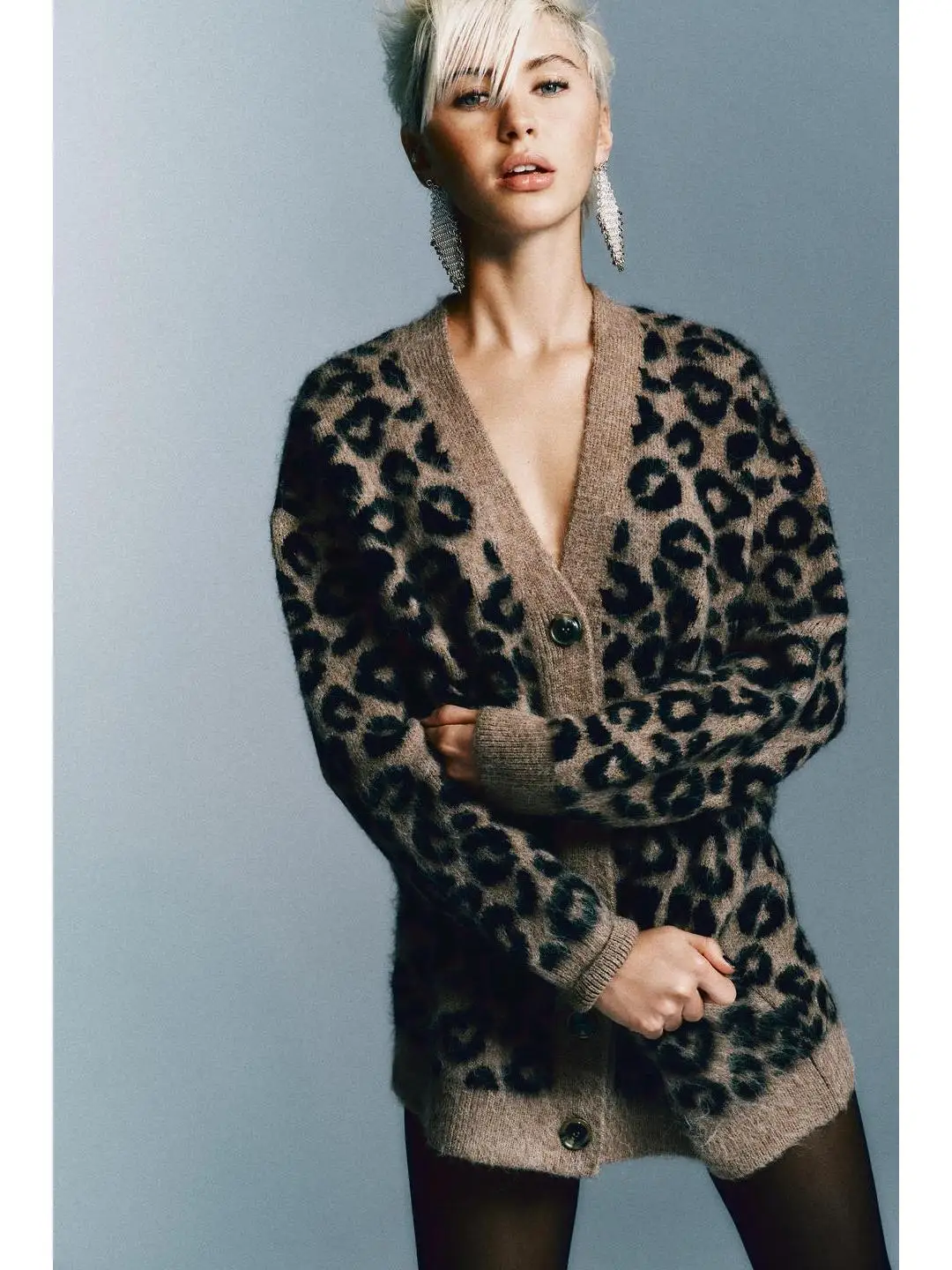 

Loose Knitted Animal Pattern Sweater Color Rubbing Effect Tassel Autumn Winter Women's Open Cardigan Casual Sle Faion