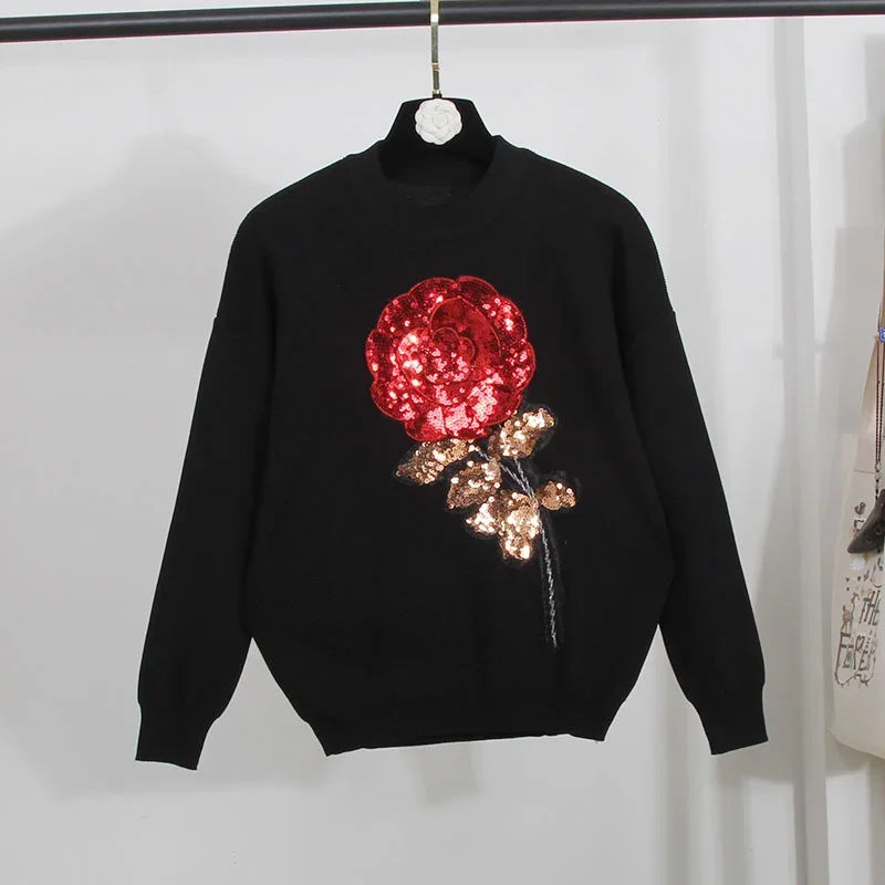 Korean Fashion Rose Sequins Embroidery Knitted Tracksuit Women Outfits Black Loose Knit Pullover Sweater Long Pants Set Female