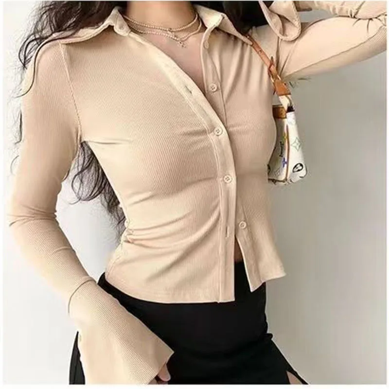 Five Colors Polo Lapel Flare Sleeve Slim Shirt Women Short Top Pure Desire Sexy Hottie Single Row Buckle Cardigan Elastic Fabric