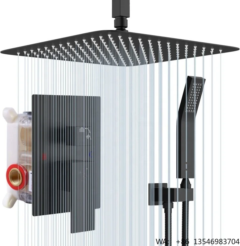Modern 12 Inch Ceiling Rain Shower System Flush-Mounted Shower Set Black with Rain Shower Head Stainless Steel 30X30 cm Square