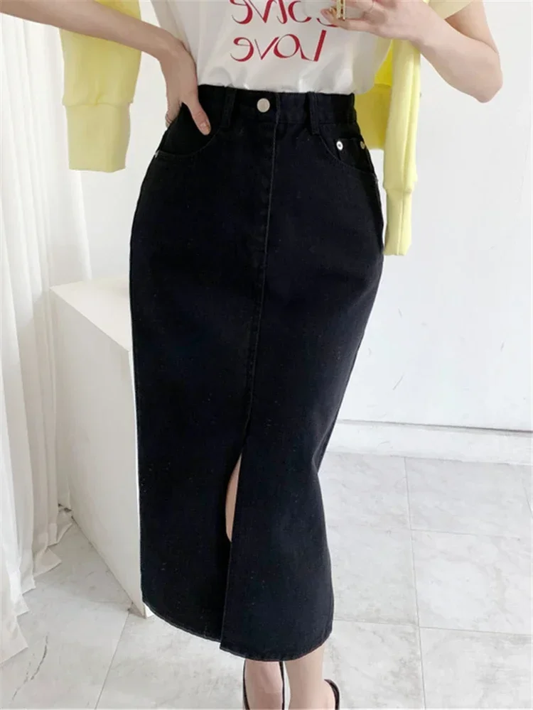 REALEFT Spring Summer High Waist Women\'s Denim Pencil Skirts 2024 New Casual Front Split Jeans Pink Wrap Midi Skirts Female