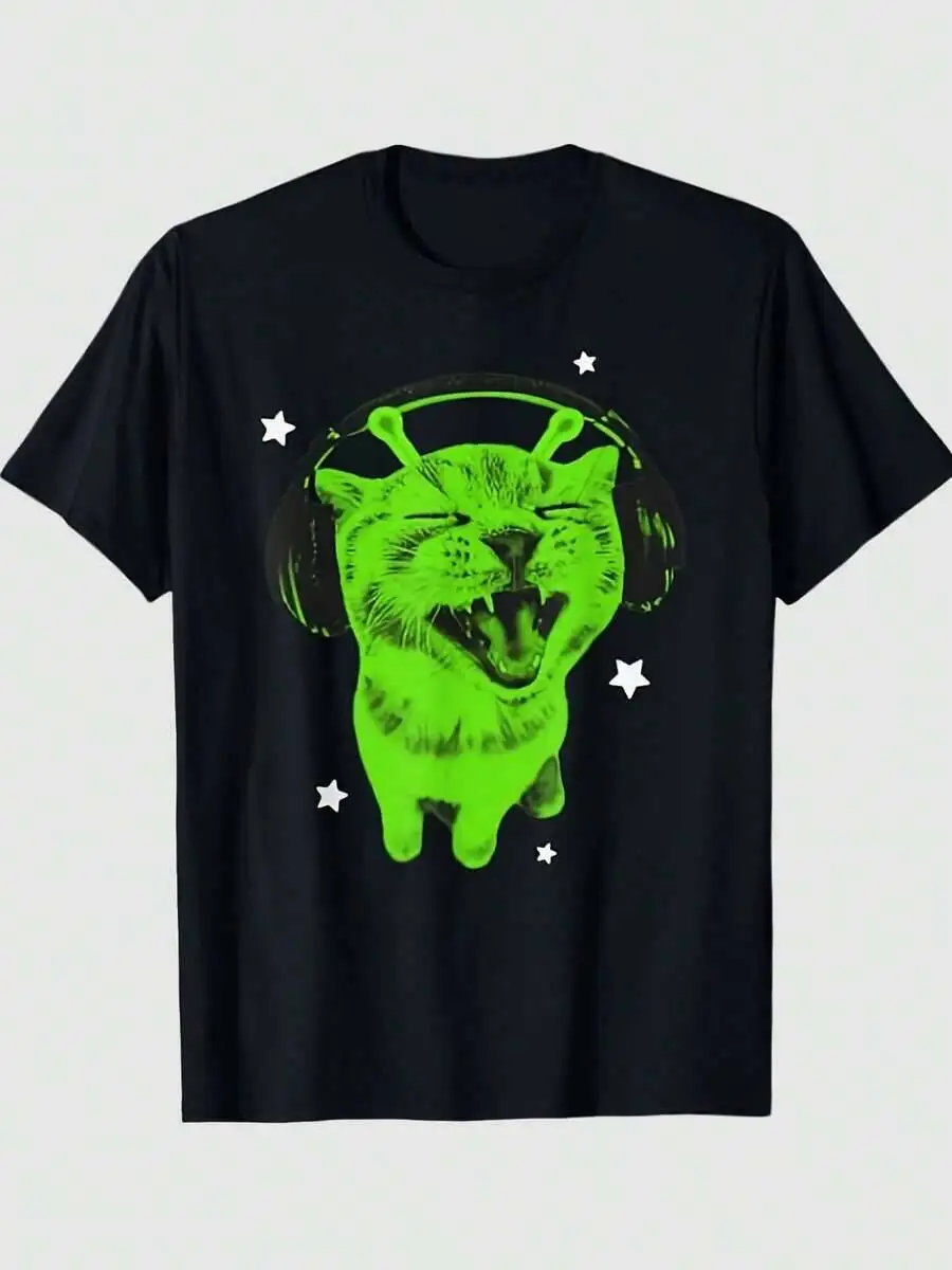 Funny Alien Meme Silly Cat Space Kitty Printed T-Shirt, Women's Outdoor Sports, Daily Wear, Holiday 100% Cotton Trendy Y2K