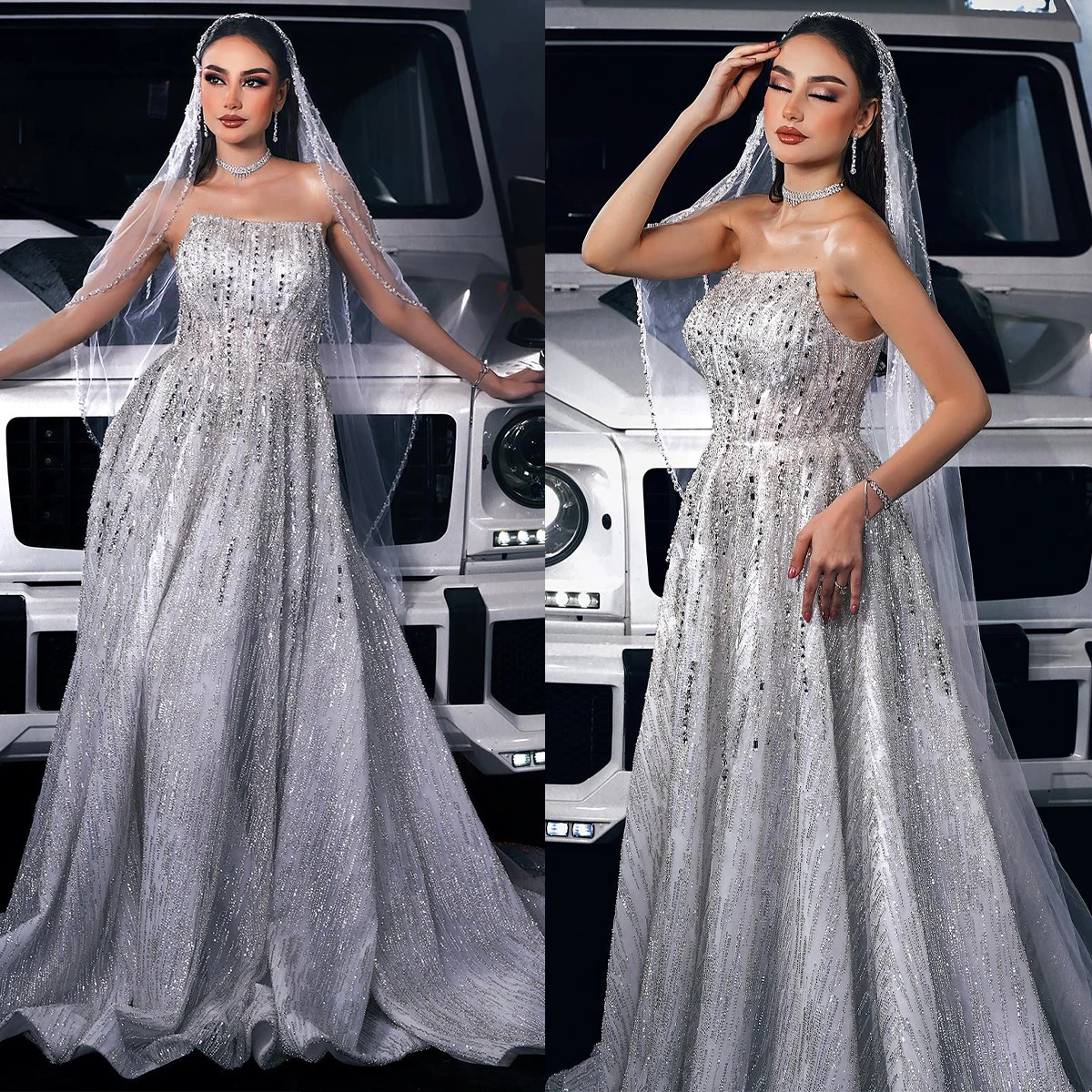 

Glitter Crystal A Line Wedding Dresses Sexy Strapless Bridal Gown Luxuious Sequined Lace Sleeveless Formal Robe De Mariée