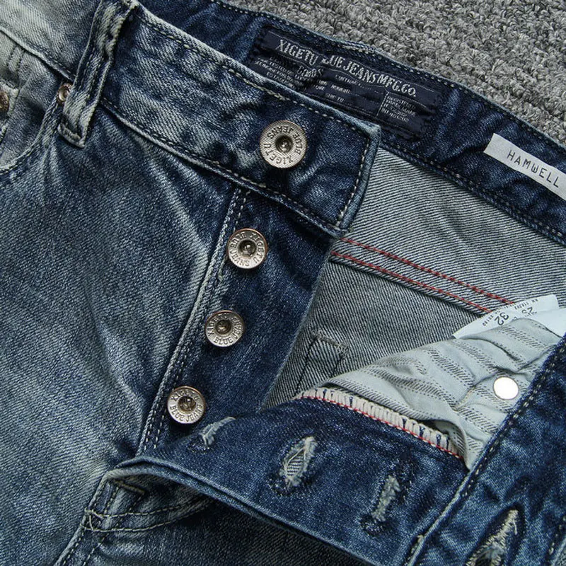 Fashion Designer Men Jeans Retro Light Blue High Quality Stretch Slim Fit Ripped Jeans Men Buttons Fly Vintage Denim Pants Homme