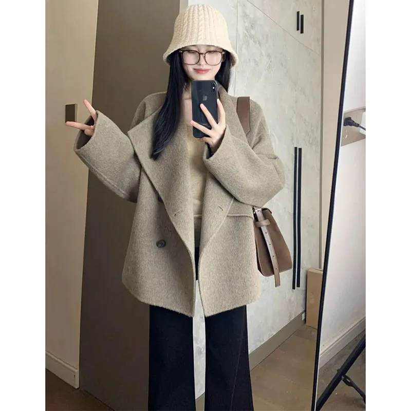 

Весенняя женская повседневная верхняя одежда в корейском стиле: модная шерстяная куртка с длинными рукавами, осеннее однотонное свободное шерстяное пальто для женщин