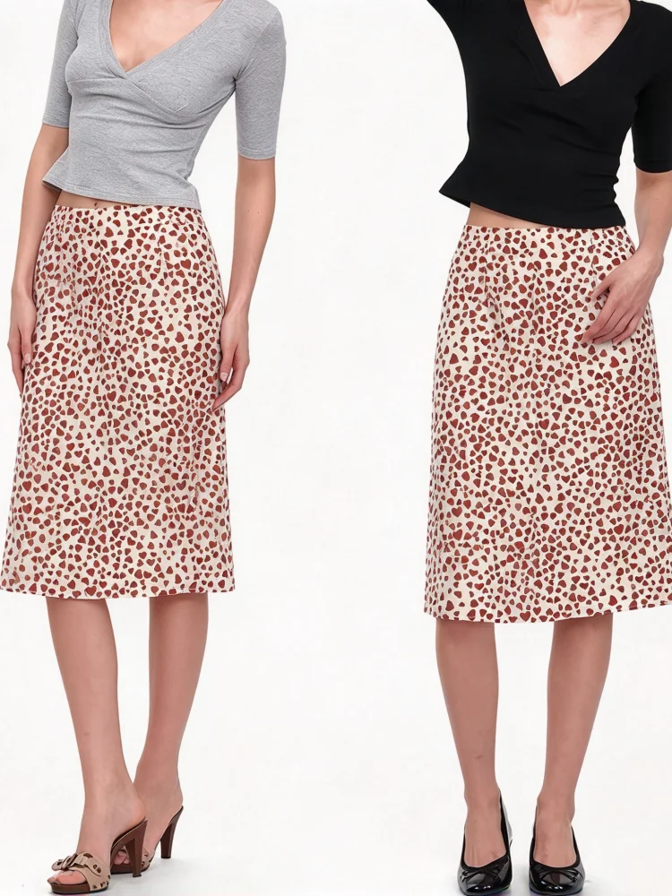 White Base Red Heart Print Midi Skirt High Waist Straight Elastic Waist Sweet Casual Women Skirt