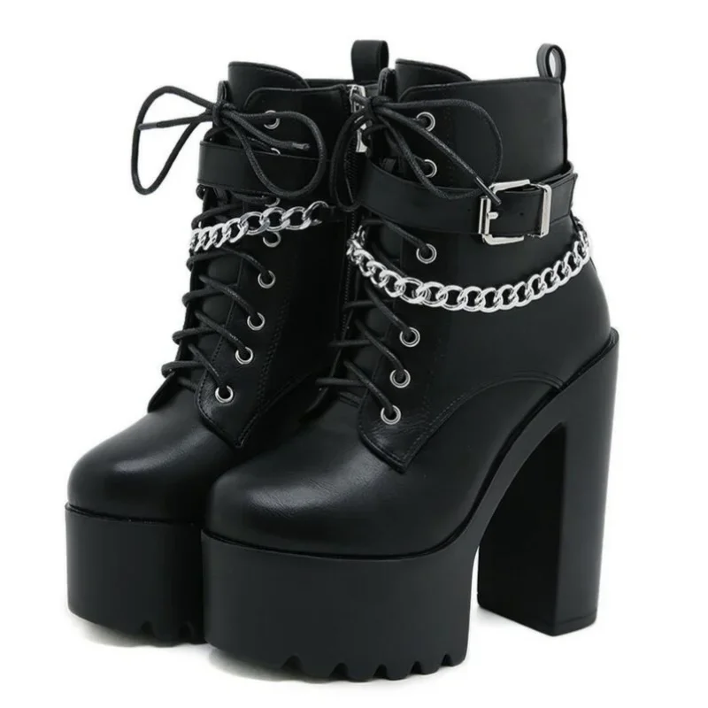 

Женские ботинки на блочном каблуке с цепочкой, модные ботинки на платформе со шнуровкой и боковой молнией, стильные ботильоны на высоком каблуке