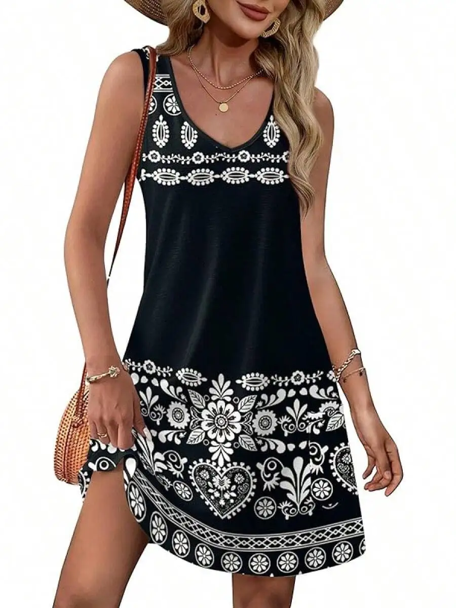 

Womens Sleeveless Summer Sundress With Pockets Floral Print Beach Vacation Dress