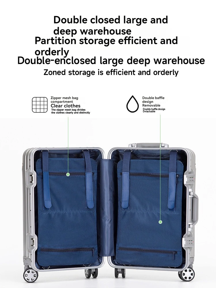 Bagagem de liga de alumínio e magnésio, caixa de senha de grande capacidade, mala feminina de 26 polegadas, caixa de viagem com roda universal, boa de 20 polegadas