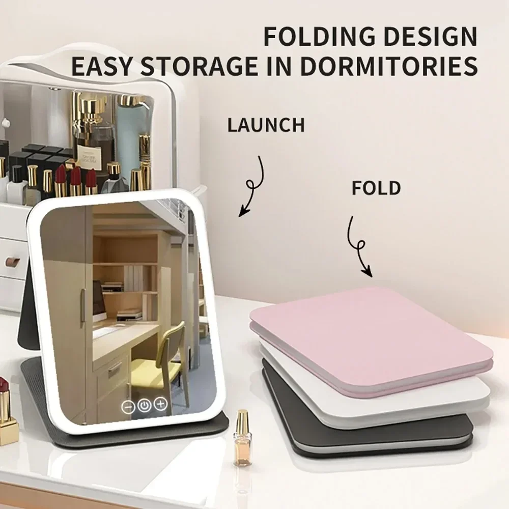 GGbingo 3Colors Dimmable LED Makeup Mirror with Touch Screen Fold Cosmetic Makeup Mirror Rechargeable Tabletop for Travel & Home