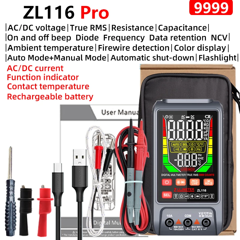 New 9999 Counts USB Charge Digital Multimetro True RMS Smart Auto Range test AC DC Voltage Capacitance Temp Diode Ohm Hz Meter