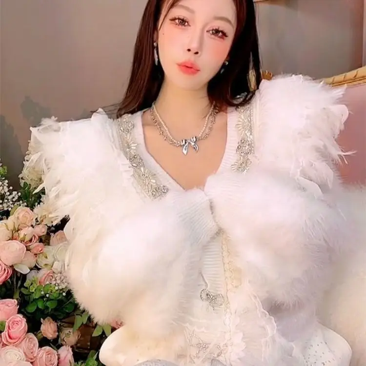 Trendy Beaded Diamond Feather Cute Fairy White Sweater for Women Autumn Winrer All-match V-neck Loose Knitted Cardigans Coat