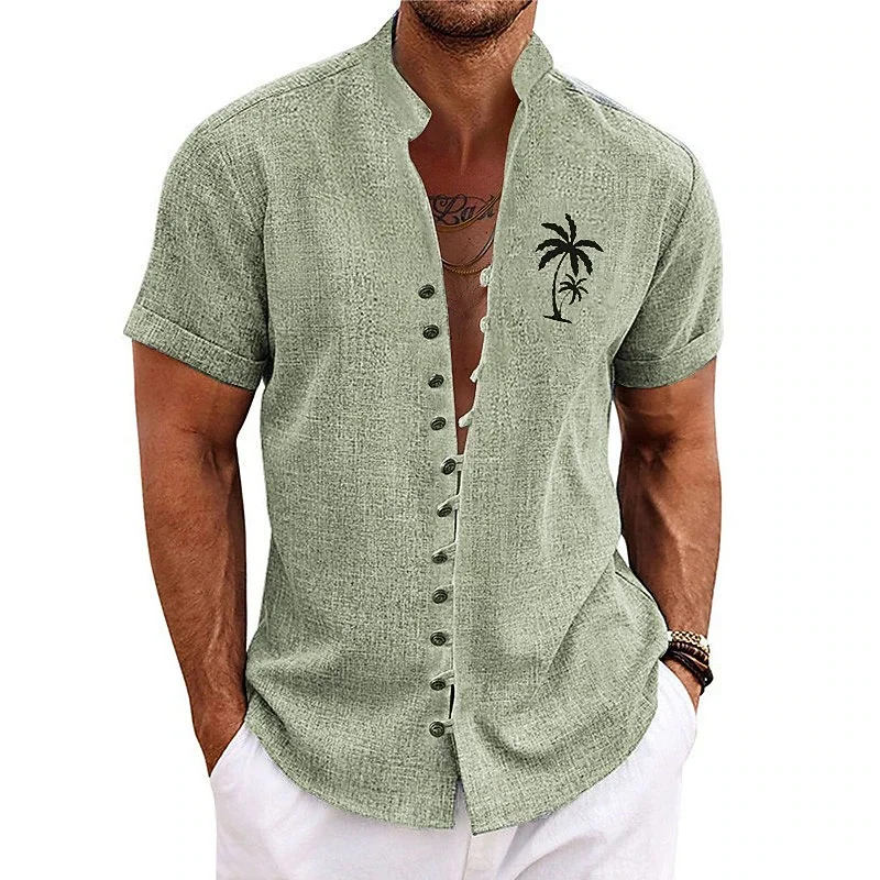 Men's Fashion Linen Stand up Collar Shirt Solid Color Chest Coconut Tree Printed Short Sleeve Seaside Leisure Vacation Shirt