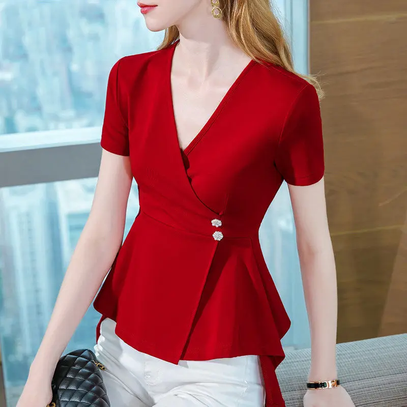 Office Lady Elegant Solid Summer Top Short Sleeve V-neck Irregular Hem T-shirt S-6XL Slim Pullover