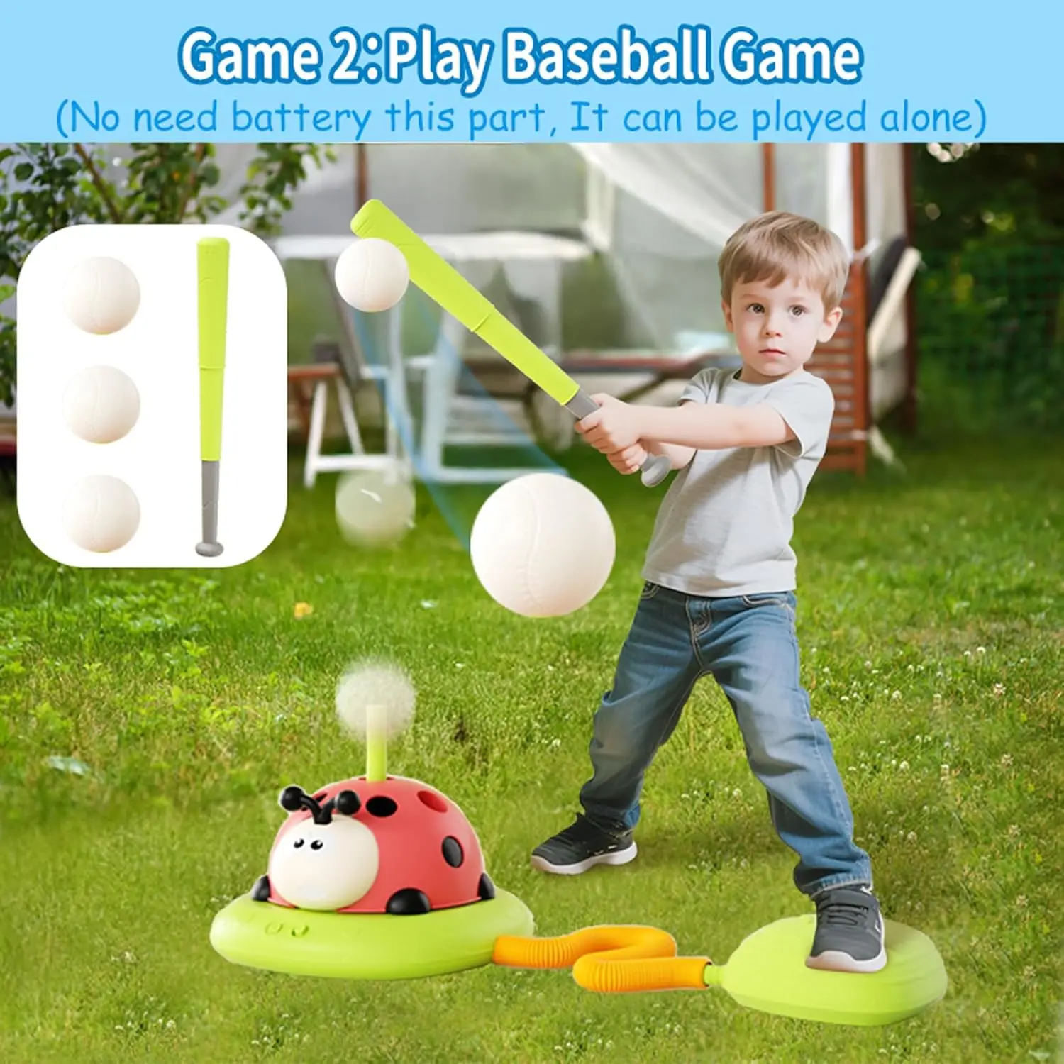 4-in-1 Sports Ladybug Toy: Baseball, Musical Jump, Ring Toss, 3-Foam-Rocket, Remote Gift for Kids 3+; Indoor/Outdoor.