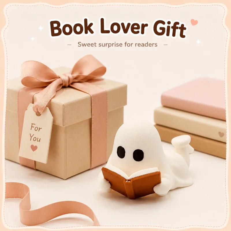 3D Printed Ghost Bookworm Decor, Cute Halloween Reading Figurine, Book Lover Desk Shelf Decor, Gift for Readers & Students