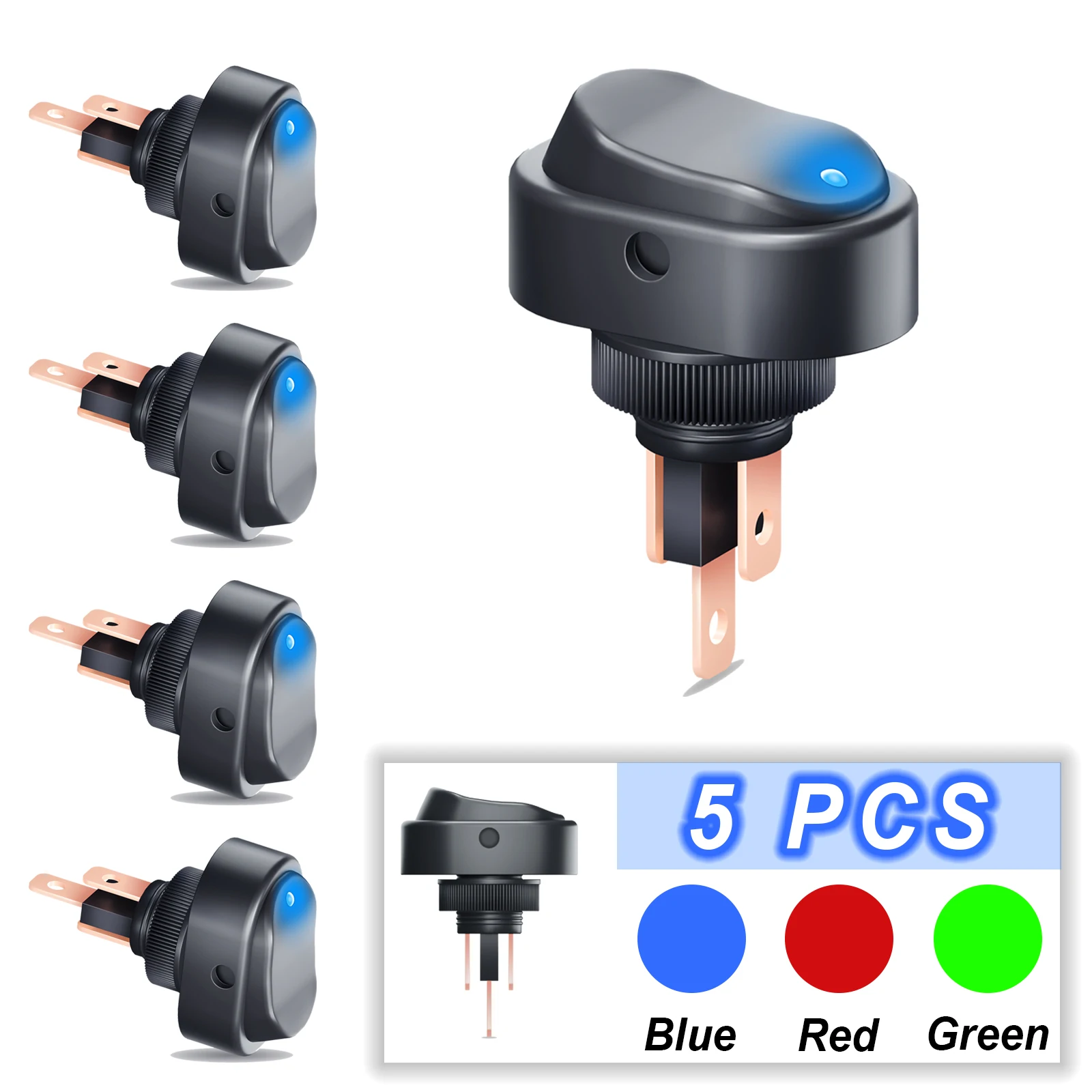 

5PCS Oval Shaped Led Rocker Switch Blue / Red / Green Led 12V ON Off Toggle Switch 3Pin SPST Switch for Car Boat Truck RV Marine