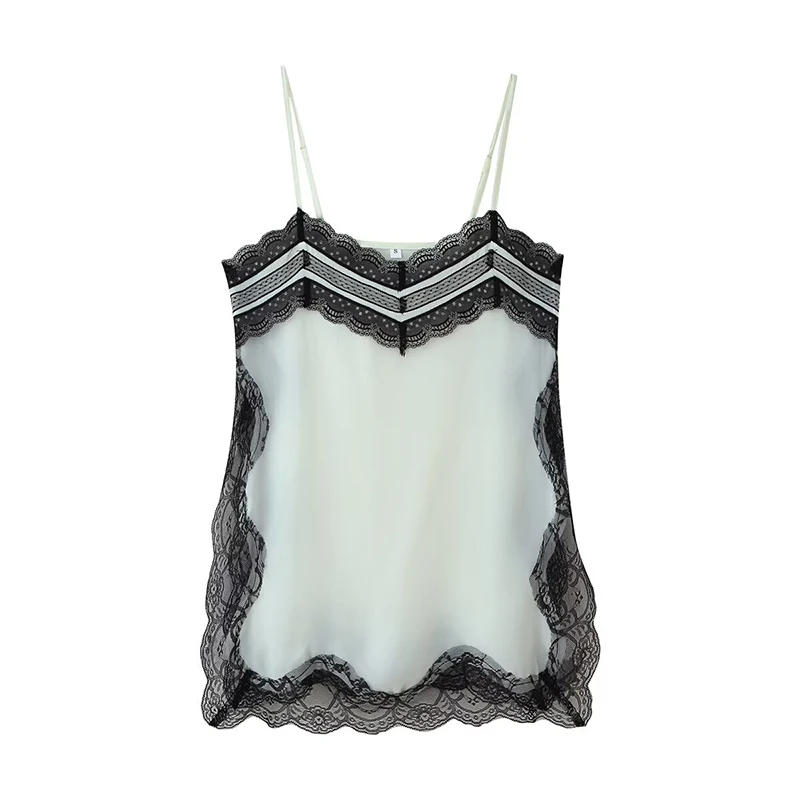 YENKYE Camisola romántica de retazos de encaje con cuello en V y tirantes finos para mujer Sexy