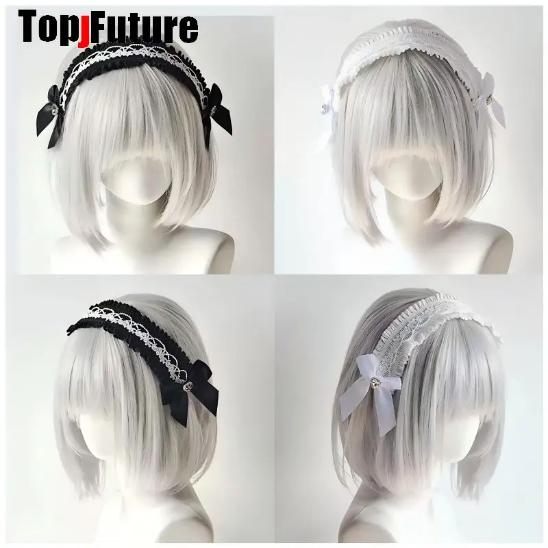 Black White Lace Headband Vintage Ribbon Bow Rhinestone Lolita Maid Gothic Girl Hair Accessories Y2K Harajuku Subculture Kawaii