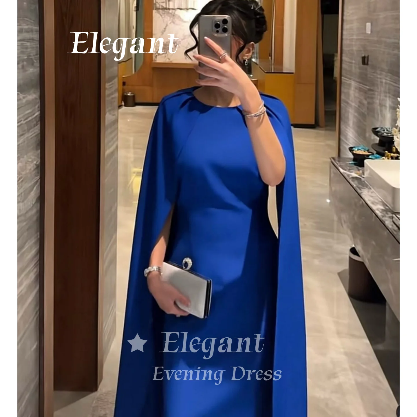 Elegant Blue Cape Evening Dresses Modest Muslim Dress Mermaid Prom Gown Saudi Arabia Wedding Guest Dress Party Dress Customized