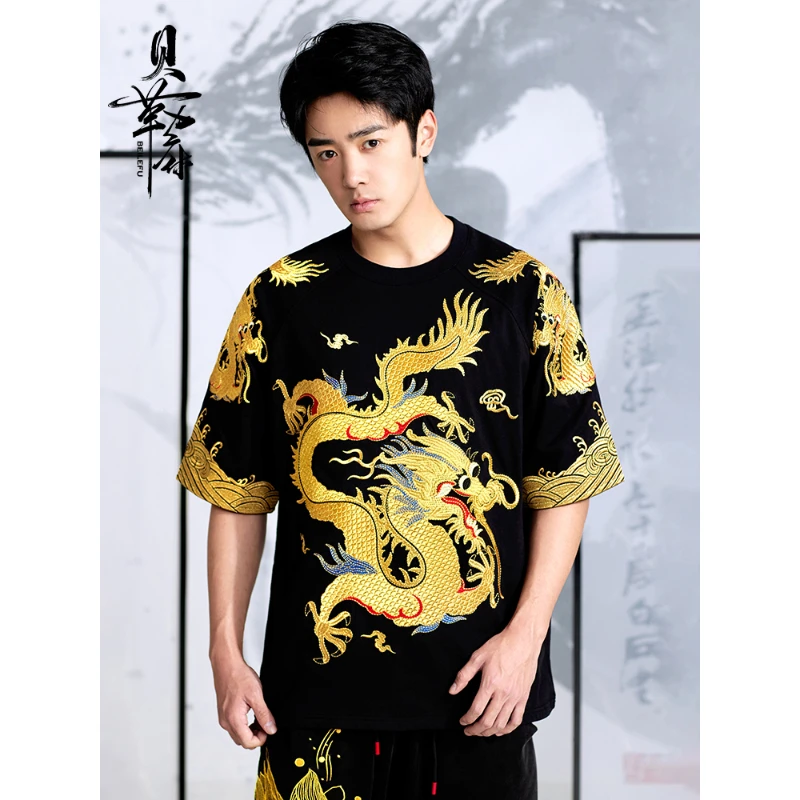Chinese Style Men's Gold Dragon Robe Embroidery T Shirt Man Emperor National Trend Short Sleeves Black