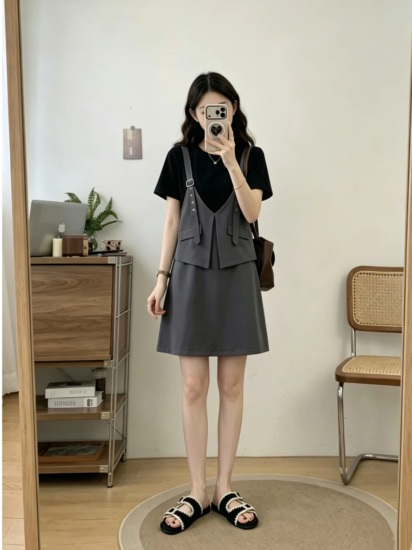 

plus Size Women's Summer New Style Slimming Long Dress High Waist Short Sleeve French Style Loose Fit with Shoulder Strap