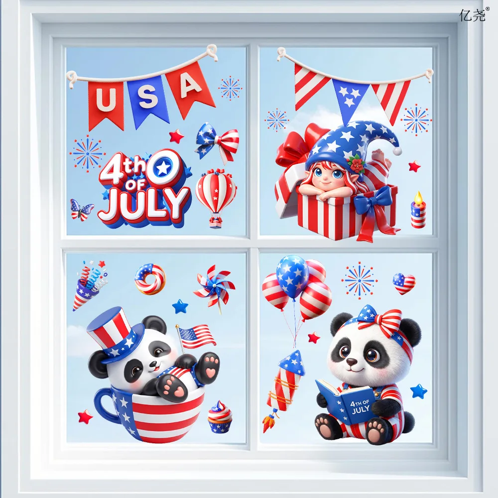 

4Pcs/set Independence Day Decoration Sticker Cartoon Panda USA Flag Elf Window Decor Static Stickers 4 Of July Party Decor