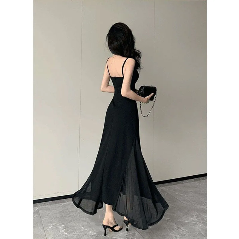 Vestido coreano de tirantes finos con cuello en V para mujer, vestidos de fiesta sexys con espalda descubierta y cintura ajustada, vestido Midi transparente negro elegante para mujer, nuevo