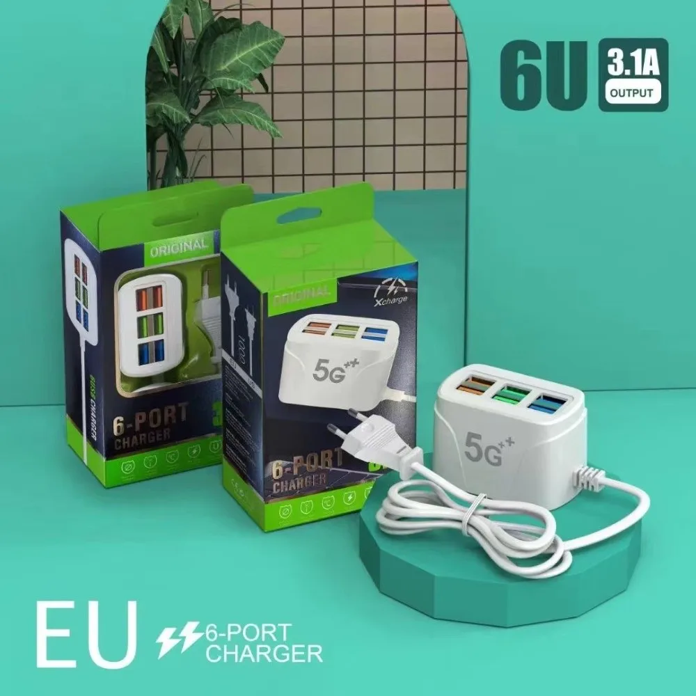 

New 6 Ports USB Phone Charger Power Strip Quick Charging US/EU Plug Charger Hub Splitter Wall Charger for Smartphones Tablets