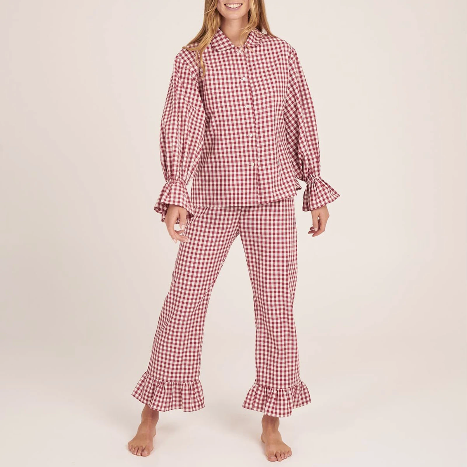 Gaono Women Y2k Pajama Set Plaid Flare Cuff Long Sleeve Shirts Tops and Ruffle Long Pants Two Piece Autumn Loungewear Outfits